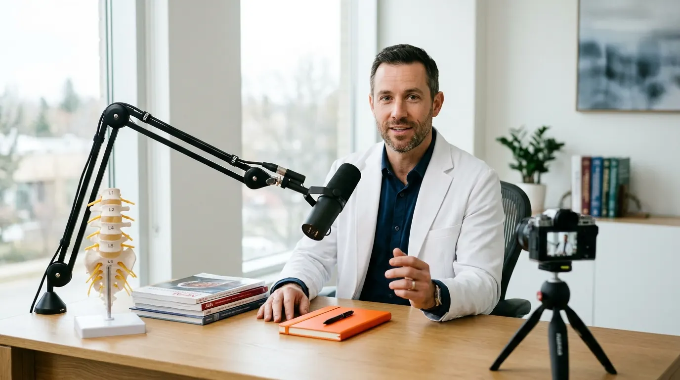 A doctor records a video lecture at a desk with a microphone and an anatomical model