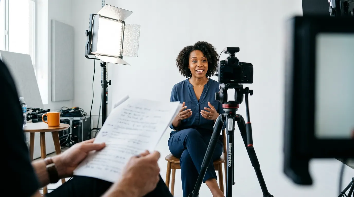 An expert records an online course lesson in a studio while a producer holds the lesson script