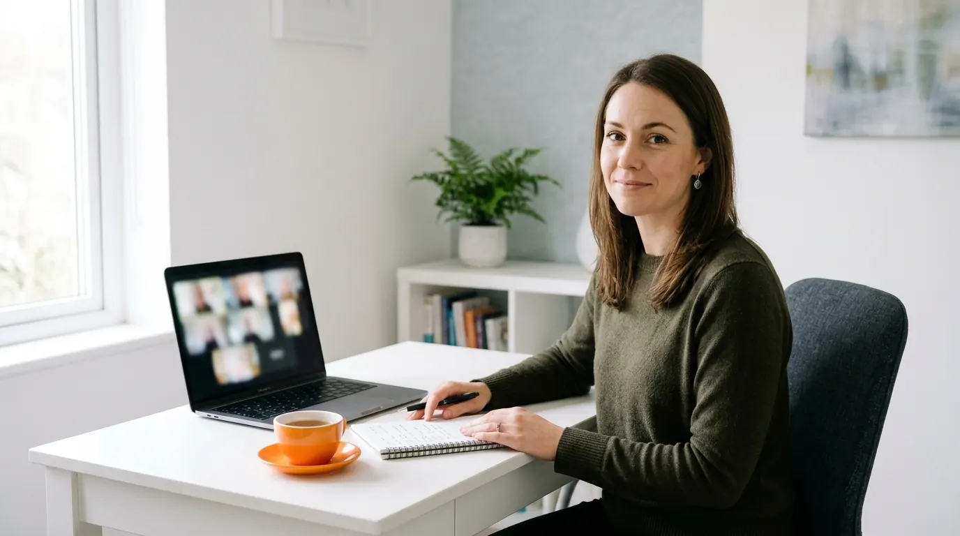 A therapist runs an online group session from a bright office