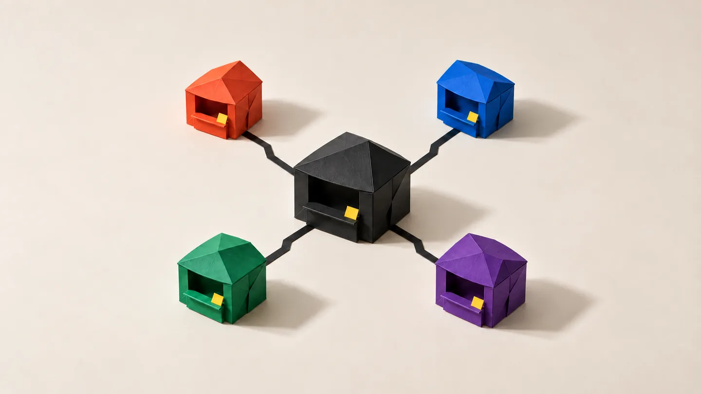 Paper model of a black shopfront linked to four identical copies in different colours