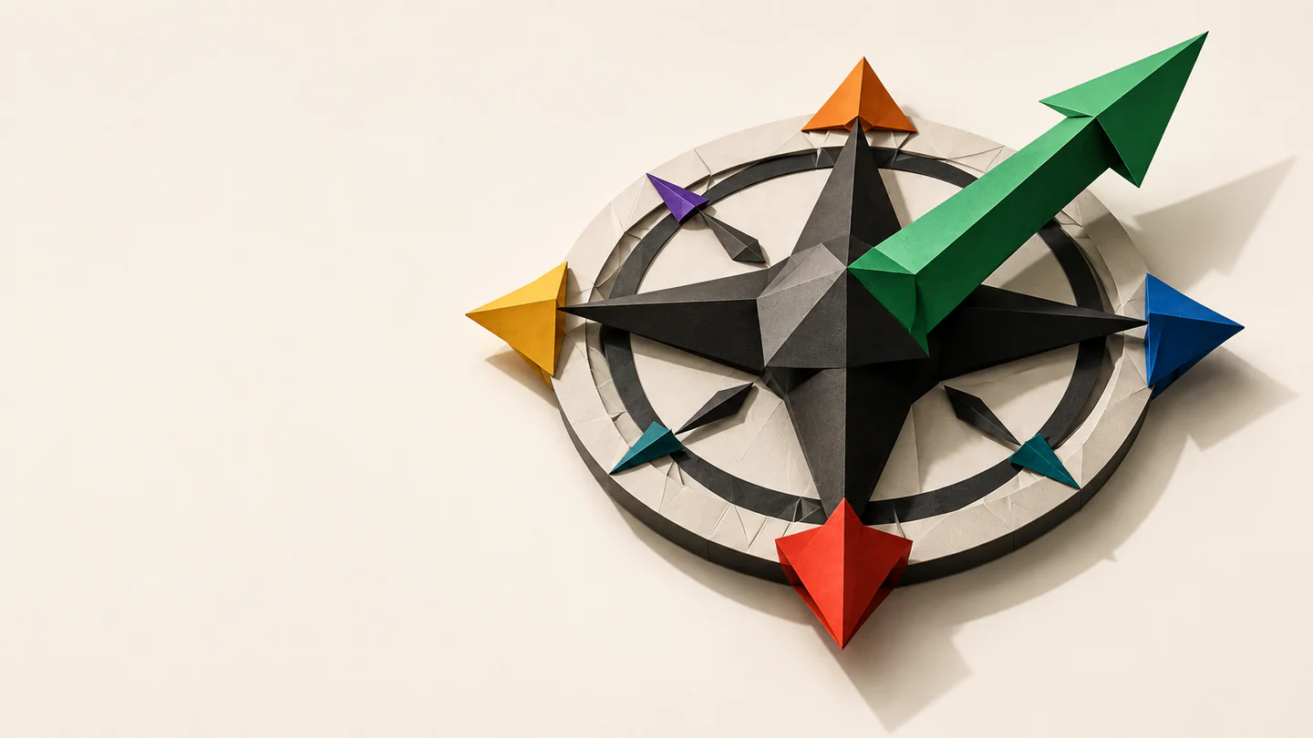Folded-paper compass with one green direction selected