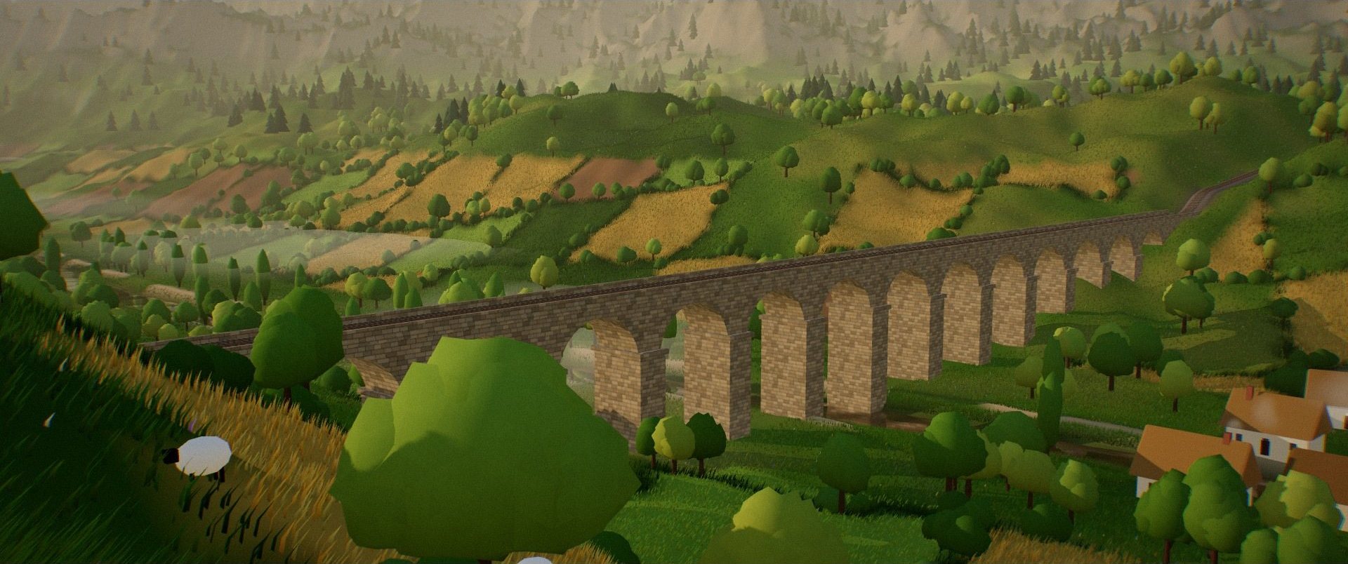 Frame from The Valley, a 3D film Claude wrote in one HTML file: a stone viaduct across a green valley, patchwork fields, a sheep on the hillside and village houses