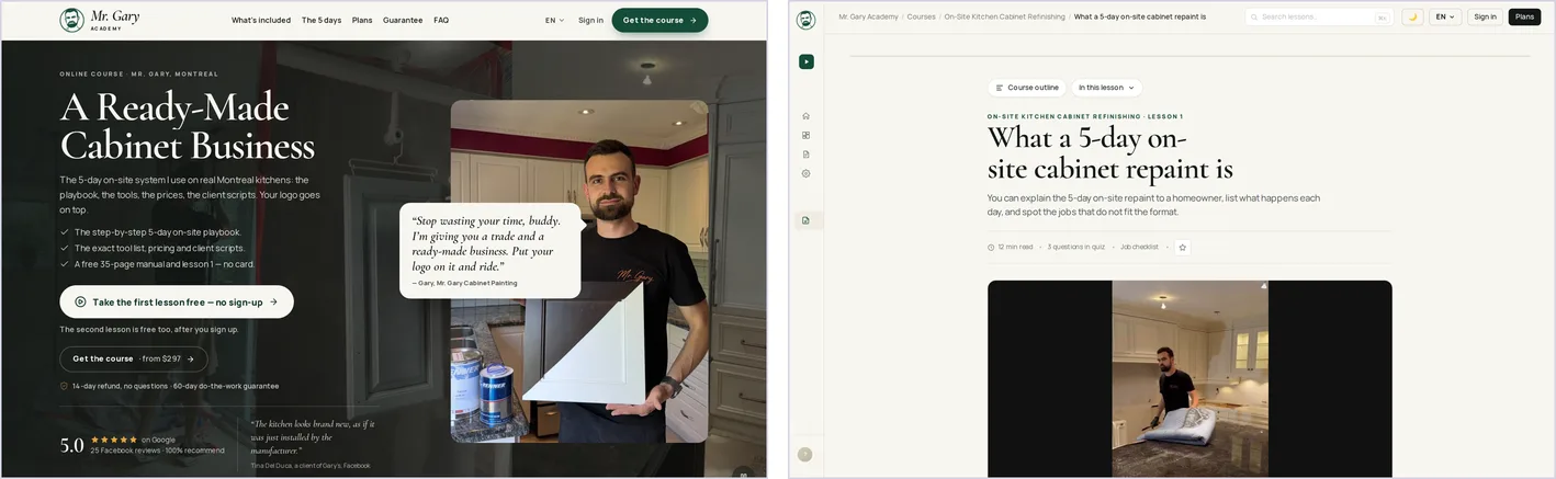 Mr. Gary Academy course landing page and a lesson